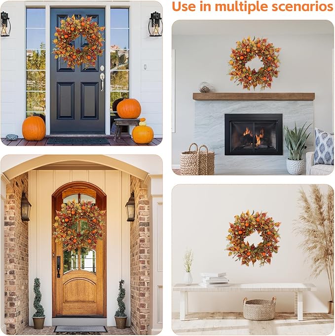 22 inch artificial fall wreath by CozyNest Decor with pumpkins, maple leaves, perfect for front door, porch, or wall decor.