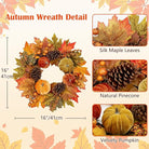 CozyNest Decor fall 16-inch velvet pumpkin wreath with metal hook, autumn harvest maple leaves for front door Halloween Thanksgiving decor