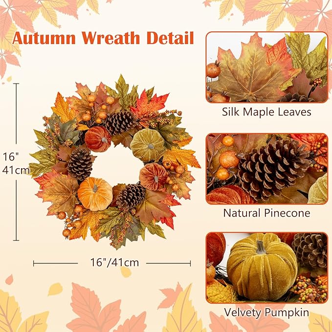 CozyNest Decor fall 16-inch velvet pumpkin wreath with metal hook, autumn harvest maple leaves for front door Halloween Thanksgiving decor