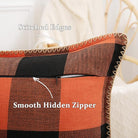 CozyNest Decor fall orange and black buffalo plaid throw pillow covers with stitched edges, 18x18 inches, farmhouse autumn decor.
