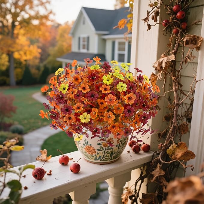 12 bundles of CozyNest Decor artificial fall flowers with faux mums in orange, brown, and yellow for outdoor and indoor fall decor.