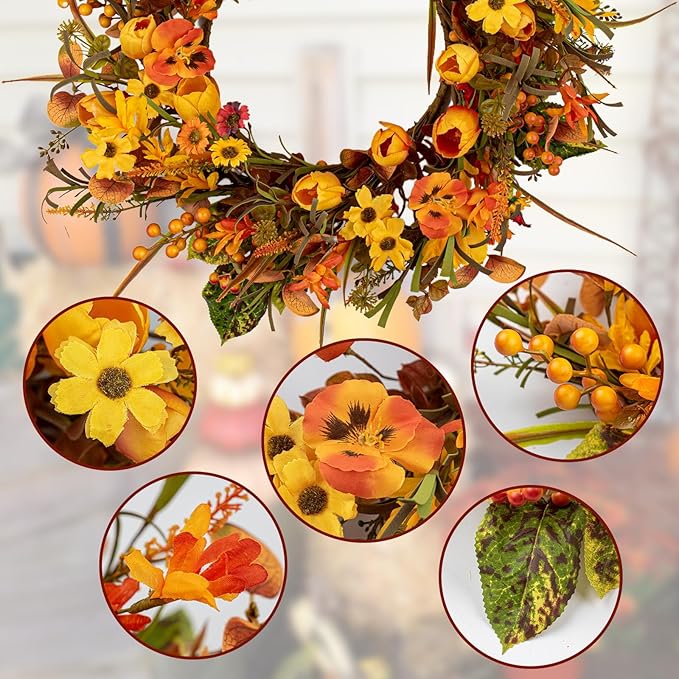 Rustic 18-inch fall wreath with orange tulips, wildflowers, and phalaenopsis for front door, wall, or porch decor.