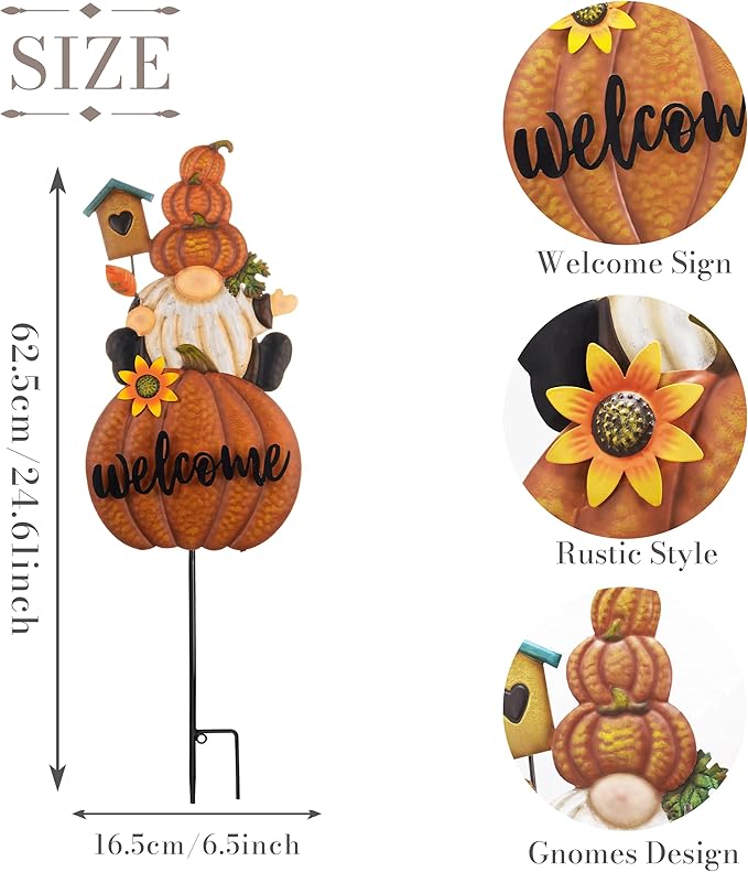 CozyNest Decor fall gnome pumpkin garden stakes with orange autumn colors and welcome signs for outdoor yard and patio decoration