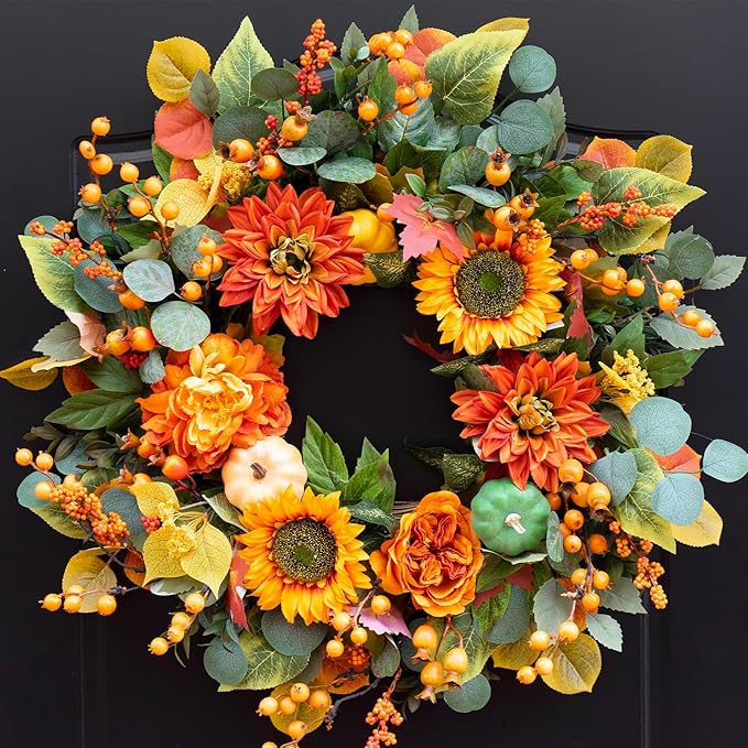 CozyNest Decor 24-inch fall wreath with sunflowers, orange dahlias, maple leaves, and berries for front door autumn decor