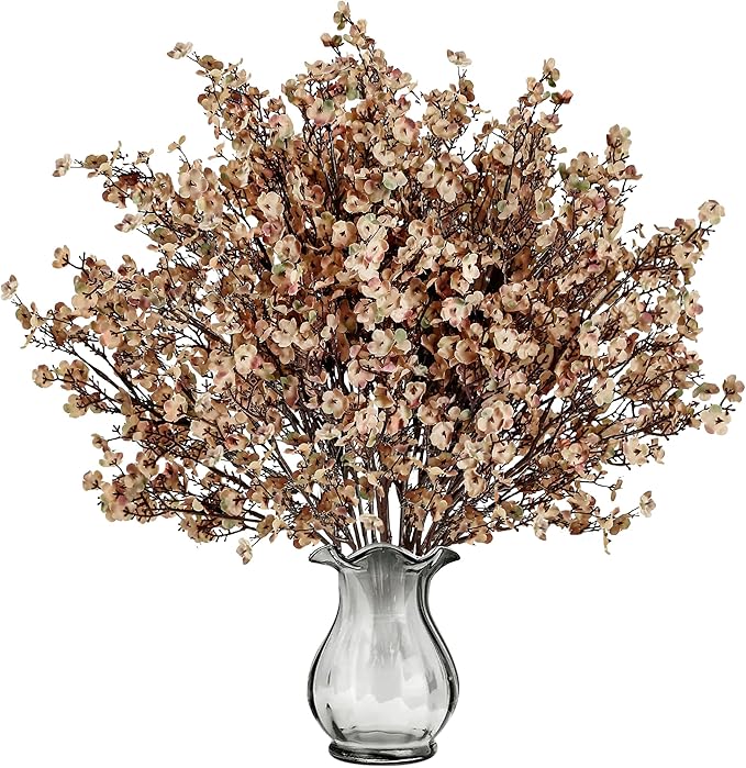CozyNest Decor 15-pack Baby's Breath artificial flowers in skin brown, realistic silk gypsophila for home floral arrangements and fall decor.