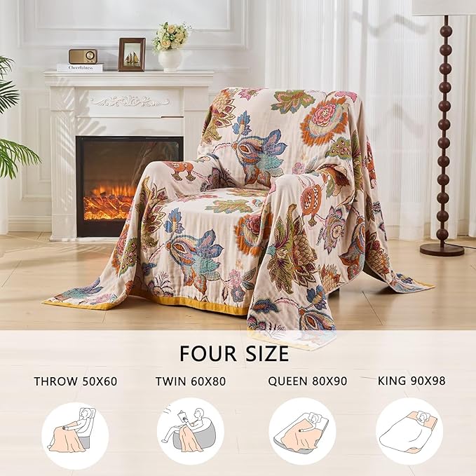 Colorful boho floral bird throw blanket by CozyNest Decor, lightweight reversible quilt for bed, 80x90 inches, soft and cozy.