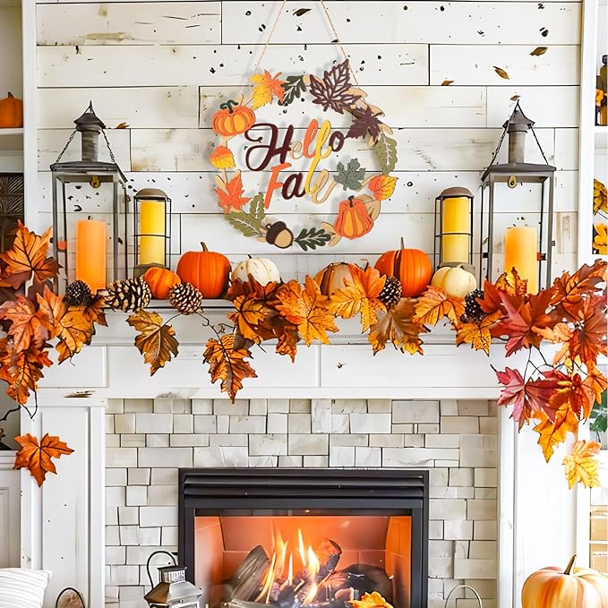 CozyNest Decor fall door wreath with wooden Hello Fall sign, maple leaves, pumpkin, and autumn harvest design for Halloween decor.