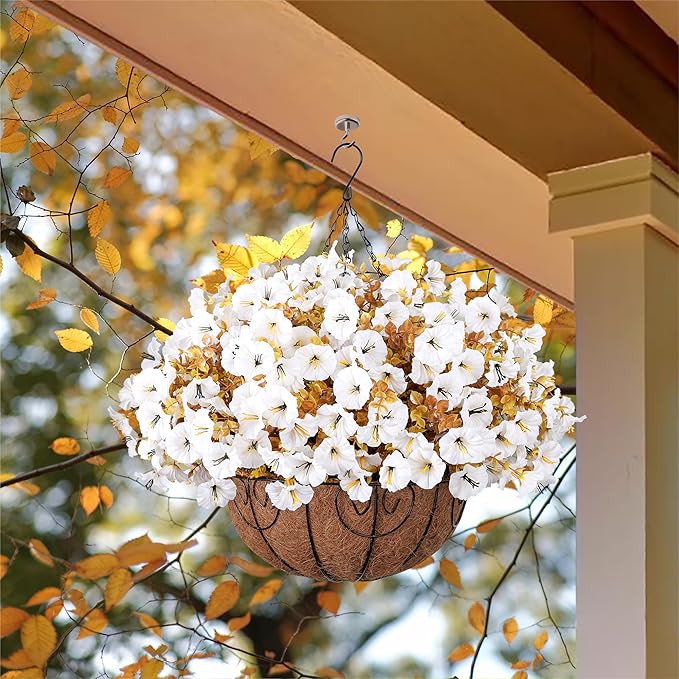 Artificial fall flowers in a hanging basket, featuring silk morning glory and eucalyptus, ideal for outdoor porch or patio decor.