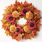Large 28-inch fall wreath with artificial maple leaves, sunflowers, hydrangeas, and pumpkins for front door or porch decor.