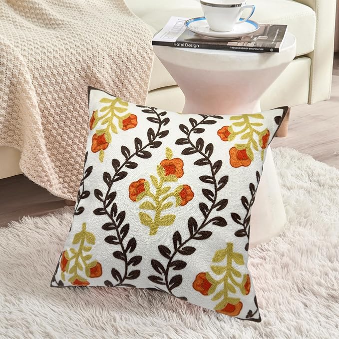 CozyNest Decor floral embroidered fall throw pillow cover with orange flowers and brown leaves, 18x18 inch cotton canvas cushion case.