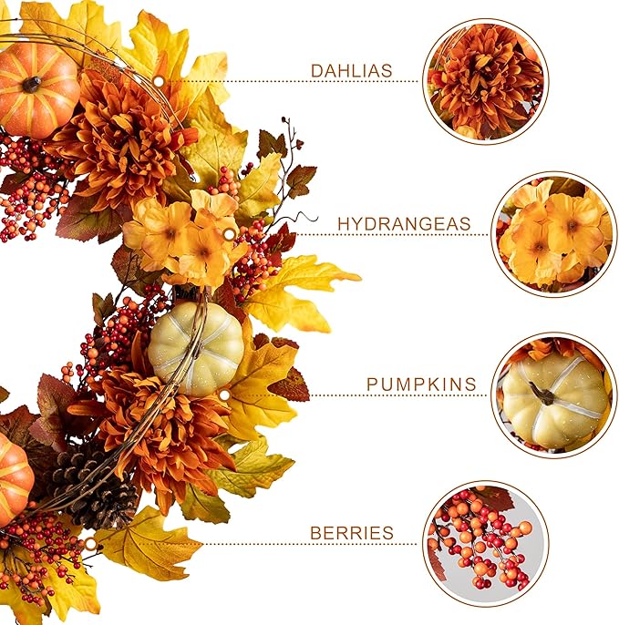 CozyNest Decor 24-inch artificial fall wreath with maple leaves, dahlias, pumpkins, berries, perfect for autumn and Halloween decor.