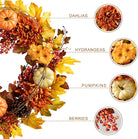 CozyNest Decor 24-inch artificial fall wreath with maple leaves, dahlias, pumpkins, berries, perfect for autumn and Halloween decor.