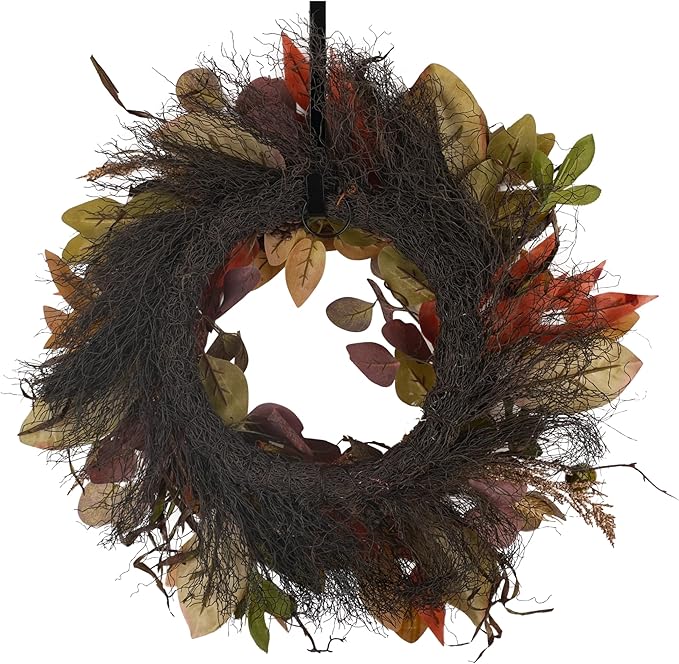 Handmade 24-inch fall wreath with artificial autumn leaves, pinecones, berries, and wheat for farmhouse front door decor.
