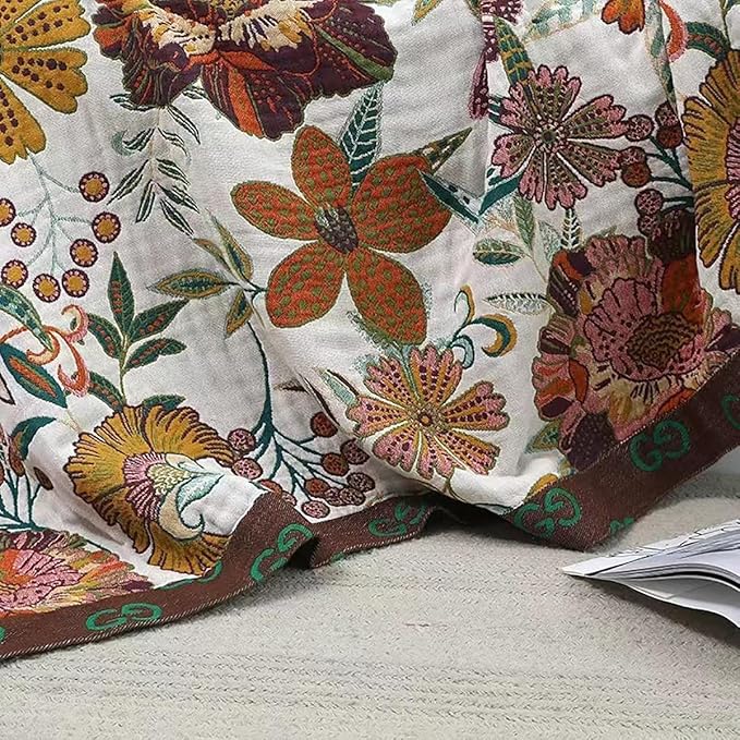 Colorful floral boho muslin bed blanket for adults, twin size, soft 4-layer cotton gauze, cozy summer cooling sofa or bed cover
