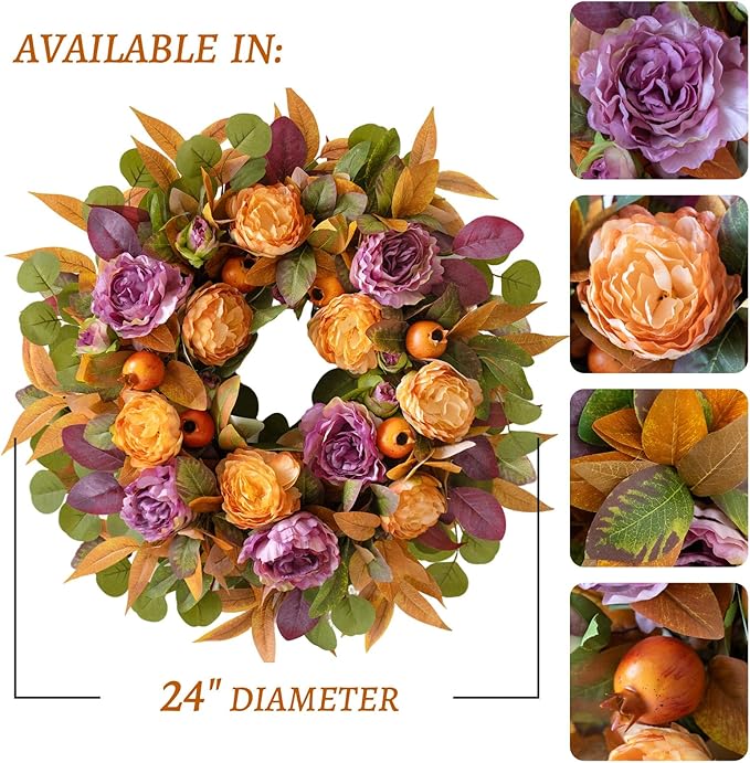 CozyNest Decor 24-inch autumn wreath with peony, maple leaves, and berries, perfect for front door or porch decor.