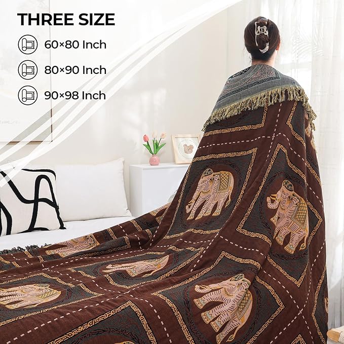 CozyNest Decor boho throw blanket for bed, 100% cotton with tassels, elephant print, large 60x80 inch rustic all-season blanket.