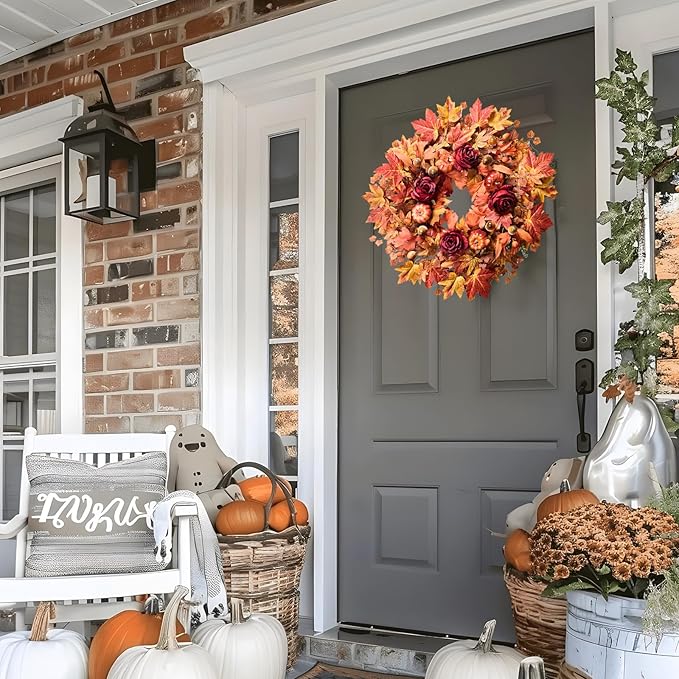 Large 26-inch autumn wreath with maple leaves, pumpkins, roses, and rustic accents for farmhouse outdoor door decor.