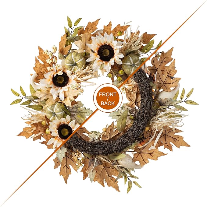 CozyNest Decor 24-inch artificial fall wreath with sunflowers, pumpkins, and leaves for front door or indoor wall decor.