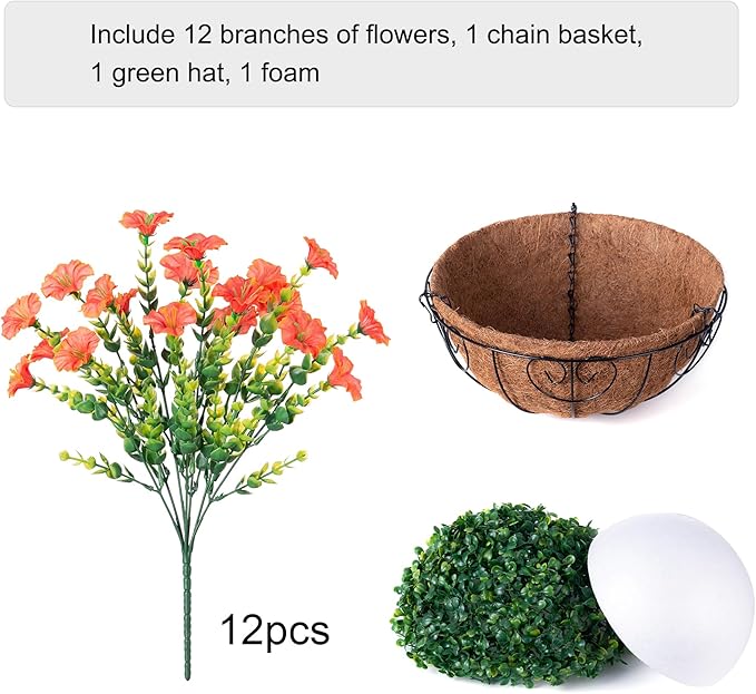 Artificial fall flowers basket with orange silk morning glory and eucalyptus, UV-resistant faux flowers for outdoor porch or patio decor.