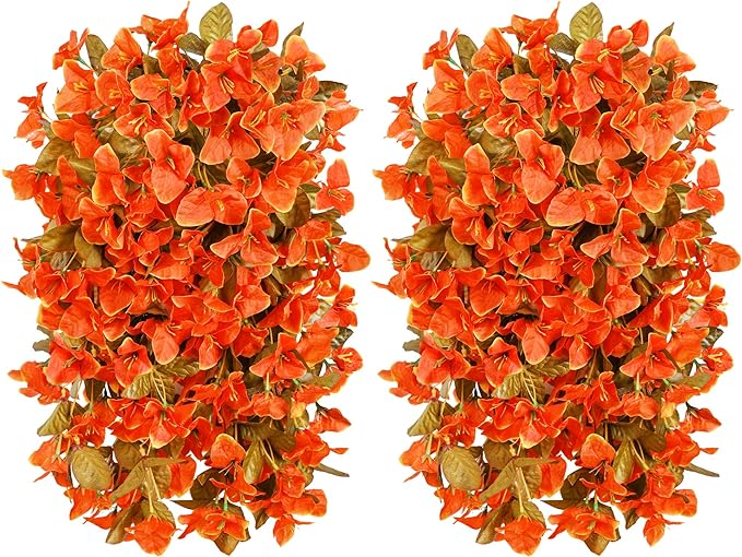 Two artificial bougainvillea flowers with orange silk trailing vines for outdoor fall decor, UV resistant and realistic looking.