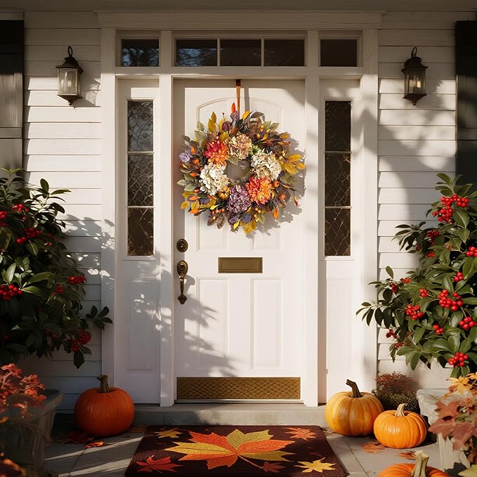 24-inch fall wreath with beige hydrangea, orange dahlia, pumpkins, and autumn leaves for front door decor by CozyNest Decor