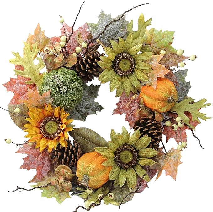 CozyNest Decor 24-inch artificial fall pumpkin and sunflower wreath with green and autumn tones for farmhouse, door, or wall decor.