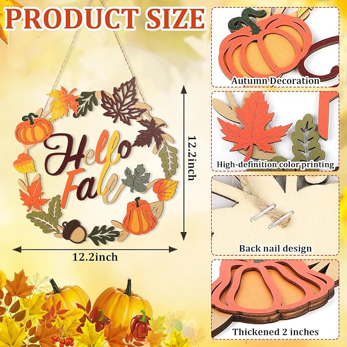 CozyNest Decor fall wreath with wooden welcome sign, maple leaf and pumpkin ornament, perfect for autumn front door decoration