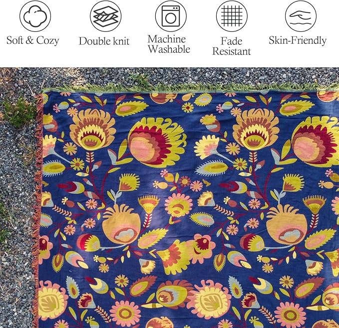 CozyNest Decor boho throw blanket made of soft organic cotton muslin with floral pattern, perfect for bed, sofa, or decor.