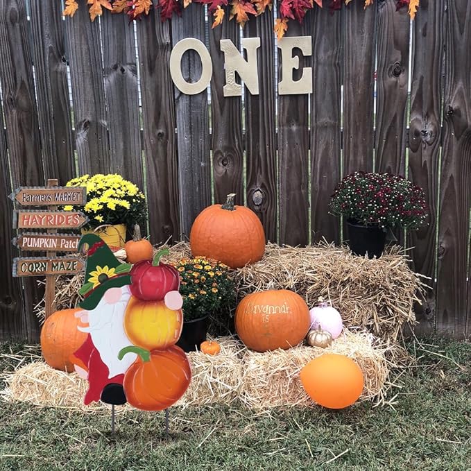 CozyNest Decor metal gnome fall garden stake with pumpkin, outdoor autumn yard sign for lawn, porch, and outdoor fall decor.