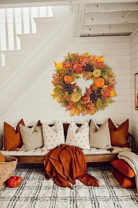 CozyNest Decor fall wreath for front door, 26-inch autumn velvet pumpkin and harvest maple design with metal hook for home decor.