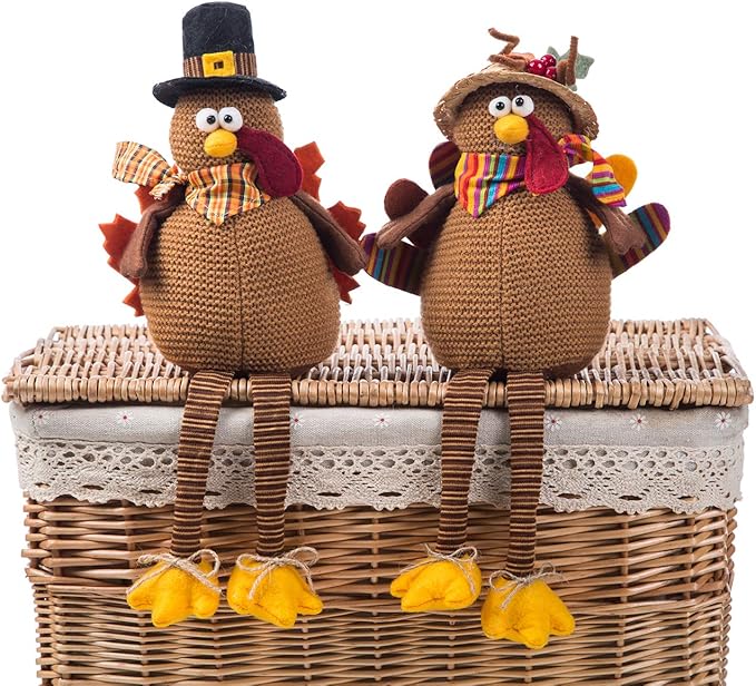CozyNest Decor Ogrmar 2 Pack Stuffed Turkey Dolls, handmade autumn tabletop Thanksgiving decorations, cozy fall home decor.