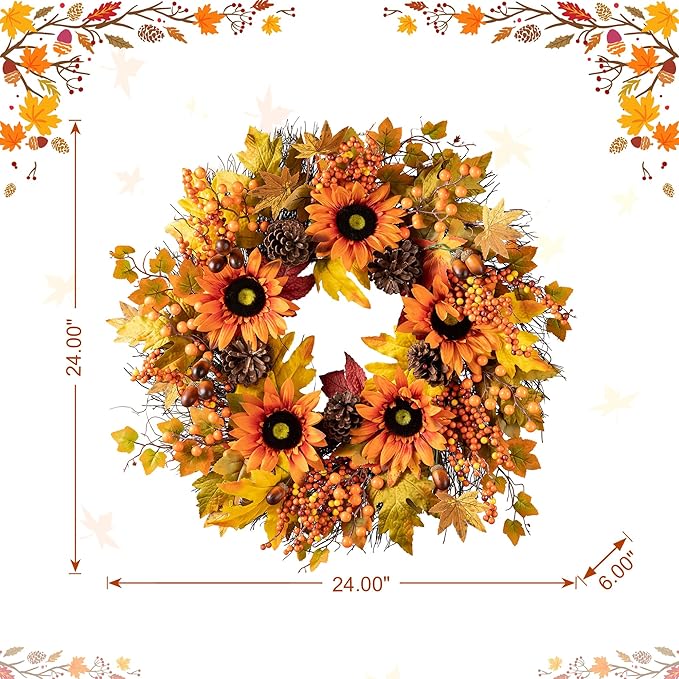 CozyNest Decor 24-inch artificial fall wreath with orange sunflowers, maple leaves, and berries for front door or wall decor.