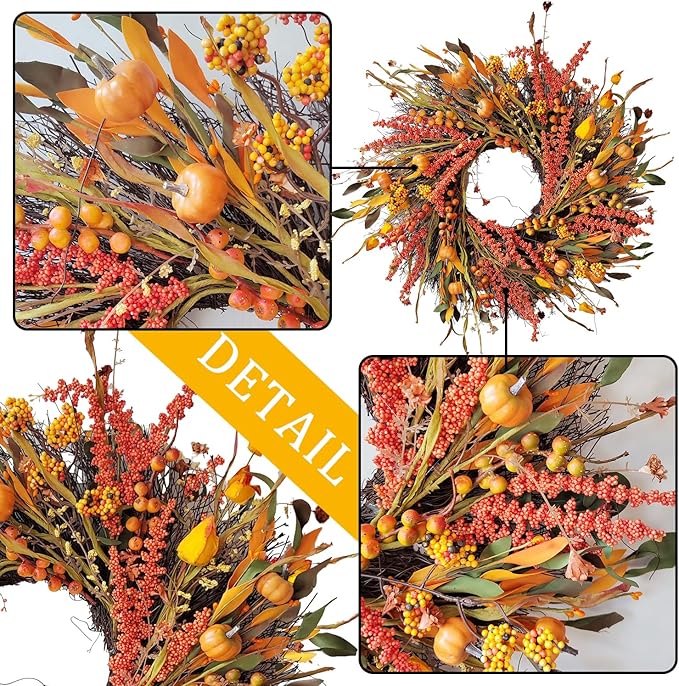 CozyNest Decor 24-inch fall wreath with pumpkins, berries, eucalyptus leaves, lantern fruit, hawthorn, grain, and autumn accents.