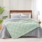CozyNest Decor white checkered faux rabbit fur throw blanket with soft fuzzy minky texture, queen size for couch or bed.