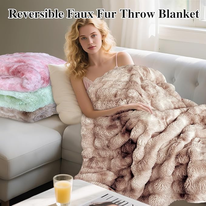 CozyNest Decor faux fur throw blanket, two-sided ultra-soft fluffy fuzzy reversible blanket for couch or bed, ombre luxe minky texture