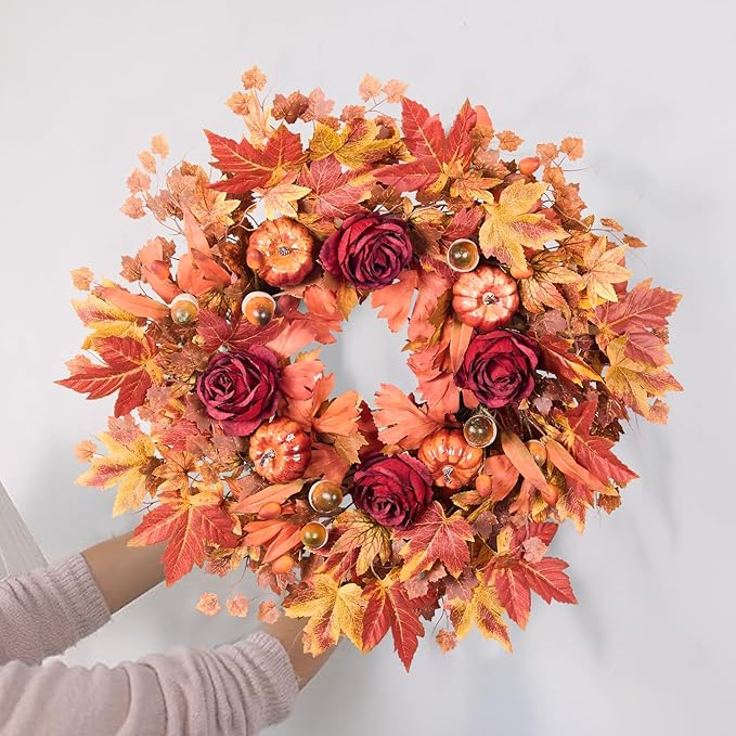Large 26-inch fall wreath with maple leaves, pumpkins, roses, and rustic accents for farmhouse outdoor door decor.