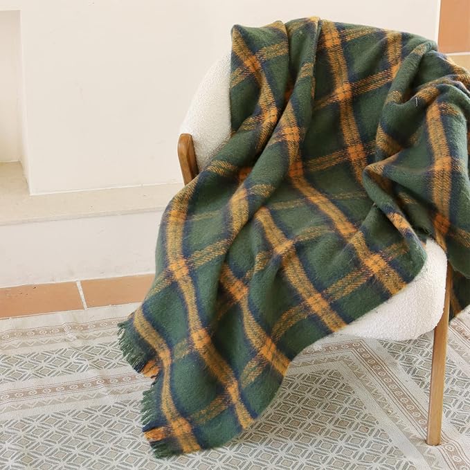 CozyNest Decor green plaid throw blanket with tassels, lightweight and soft, suitable for sofa or bed decor, 50x60 inches