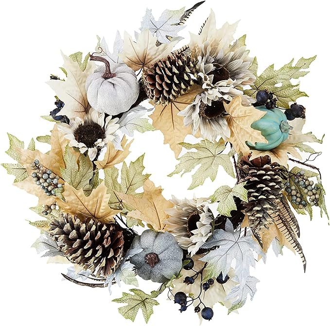 CozyNest Decor 24-inch artificial pumpkin sunflower fall wreath with rustic white accents, ideal for farmhouse door or indoor decor.