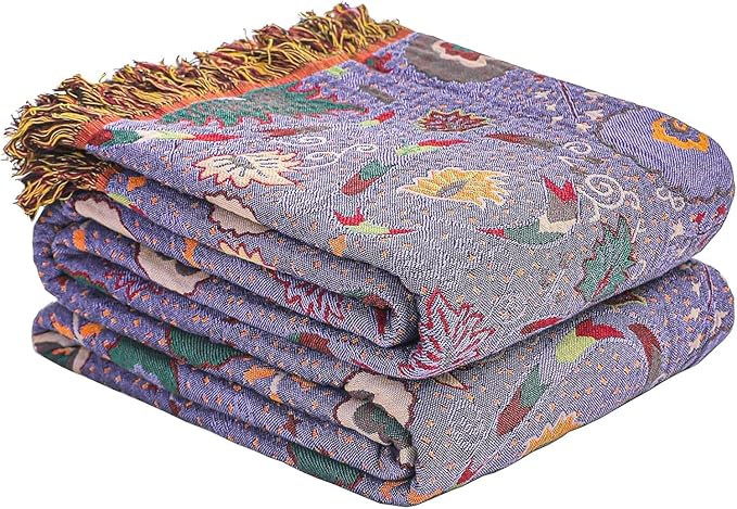 CozyNest Decor boho fall throw blanket with purple floral print, 80x90 inches, soft breathable cotton for bed or sofa decor.