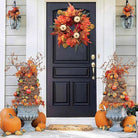 CozyNest Decor 21-inch fall wreath with maple leaves, pumpkin, berries, and autumn accents for front door or window decoration.