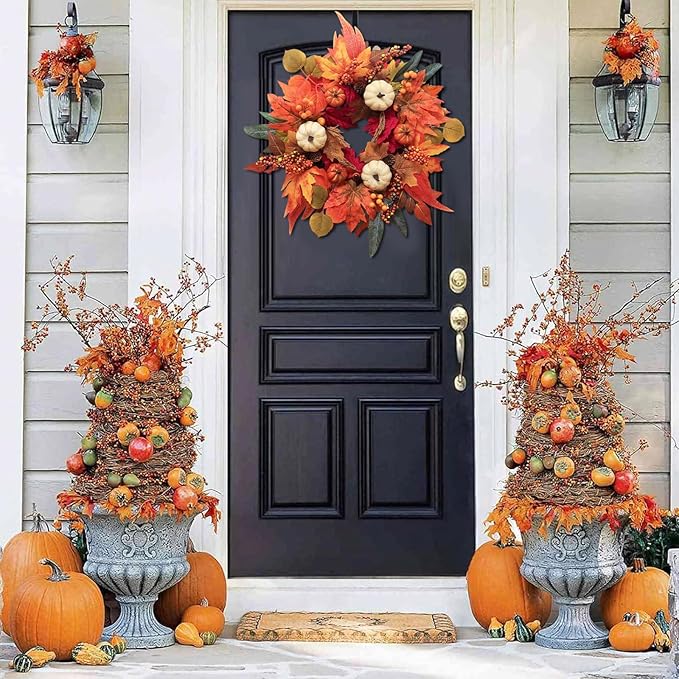 CozyNest Decor 21-inch fall wreath with maple leaves, pumpkin, berries, and autumn accents for front door or window decoration.