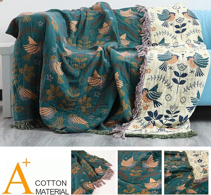 CozyNest Decor fall throw blanket with bird and flower patterns, versatile organic cotton blanket for beds, couches, and vintage decor.