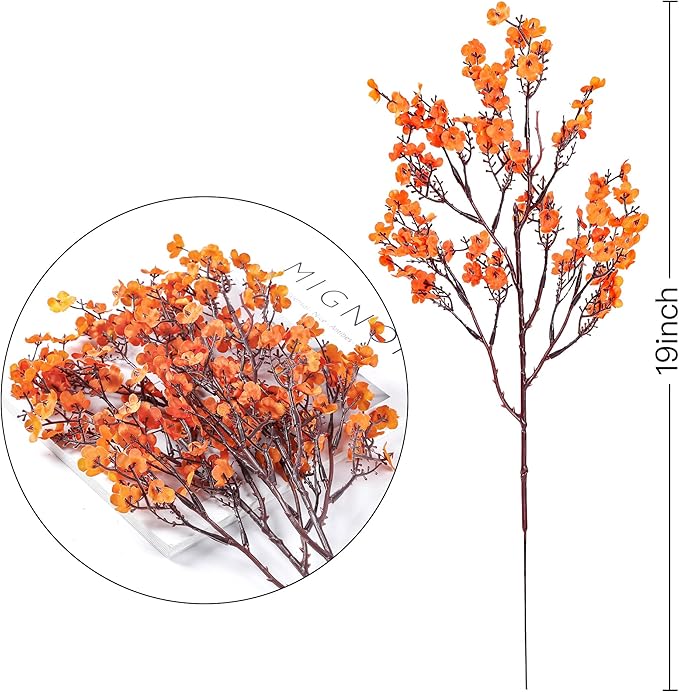 CozyNest Decor 15-piece Baby's Breath artificial flowers in fall orange for DIY floral arrangements and autumn home decor.