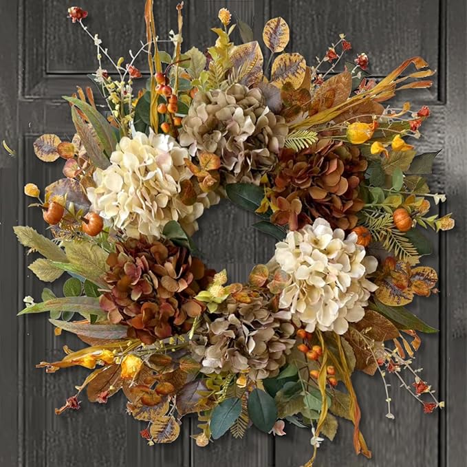 CozyNest Decor 24-inch fall wreath with hydrangea, small pumpkins, perfect for front door autumn, Halloween, or Thanksgiving.