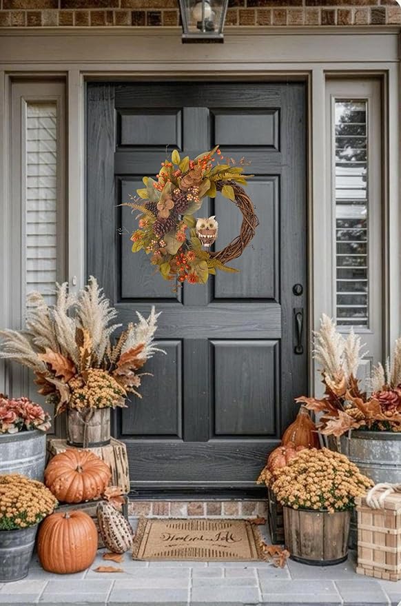 Fall owl wreath for front door featuring pine cones, eucalyptus, magnolia leaves, and berries in natural autumn colors, 24 inches.