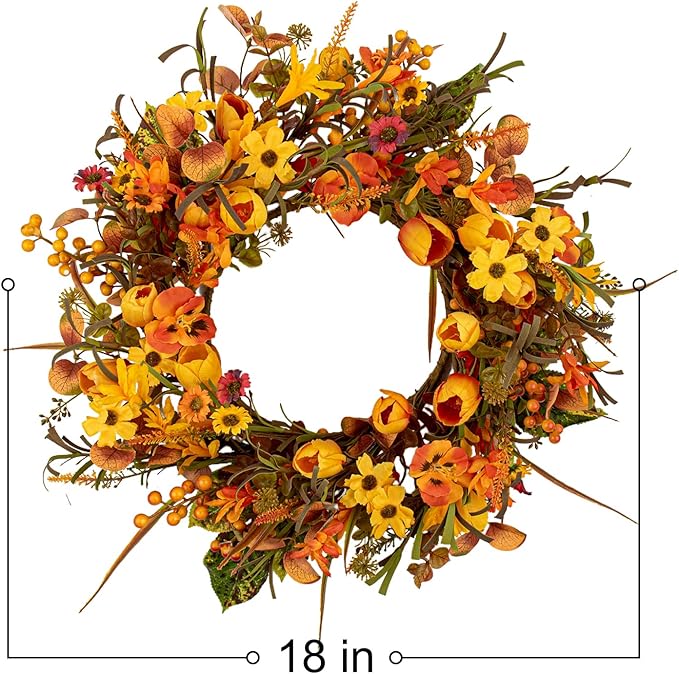Rustic 18-inch fall wreath with orange tulips, wildflowers, and phalaenopsis, perfect for front door or wall decor.