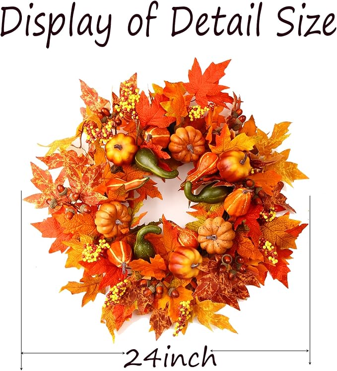 CozyNest Decor 24-inch fall wreath with pumpkins, berries, and maple leaves, perfect for front door autumn and holiday decorating.