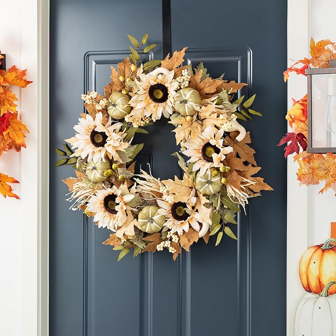 CozyNest Decor 24-inch artificial fall wreath with sunflowers, pumpkins, and leaves for front door or farmhouse decor.