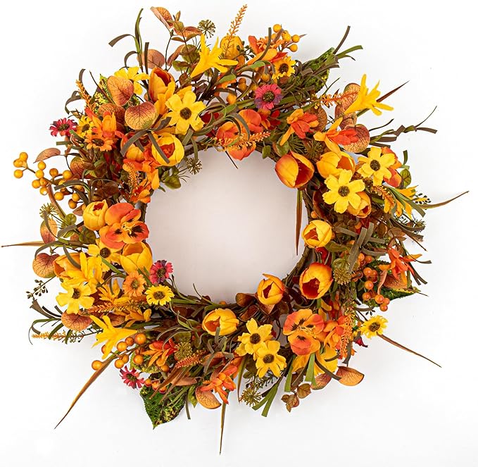 CozyNest Decor 18-inch rustic fall wreath with orange tulips, wildflowers, and phalaenopsis for front door or wall decor