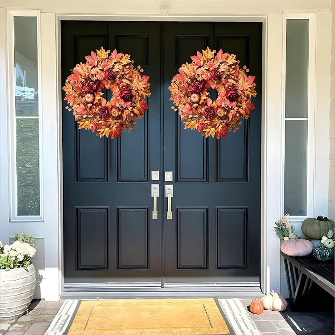 Large 26-inch fall wreath with maple leaves, pumpkins, roses, and rustic accents for farmhouse outdoor front door decor.